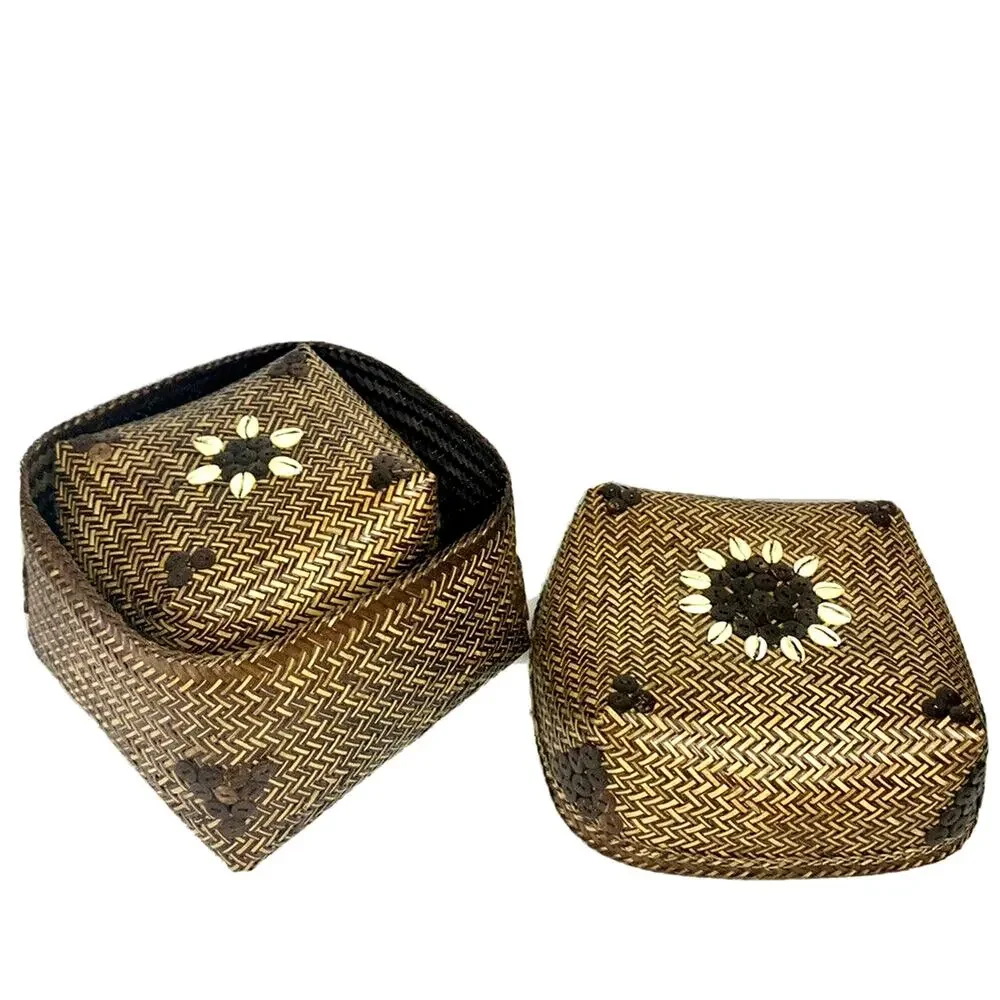 Square Chunky Hand Woven Nesting Baskets Shell & Button Lid Storage Boho Coastal